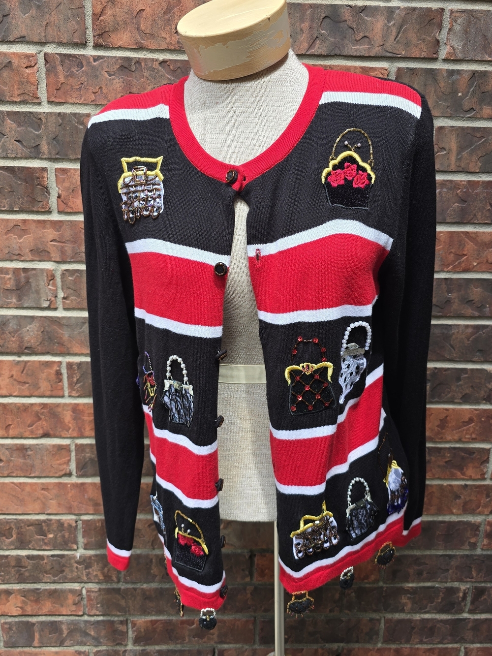 JUST B Cardigan Sweater Sz M w/Colorful Purses Beads Gems ~Women’s~Cotton Blend